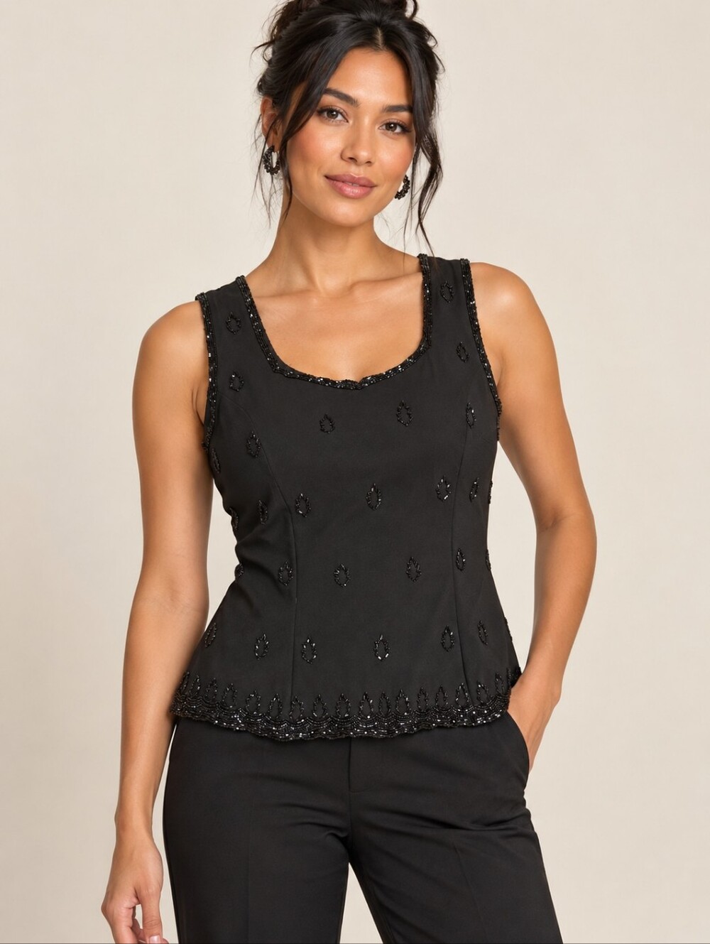 ❤️ STENAY 90s VINTAGE BEADED FITTED SLEEVELESS COCKTAIL TOP, BLACK, LARGE